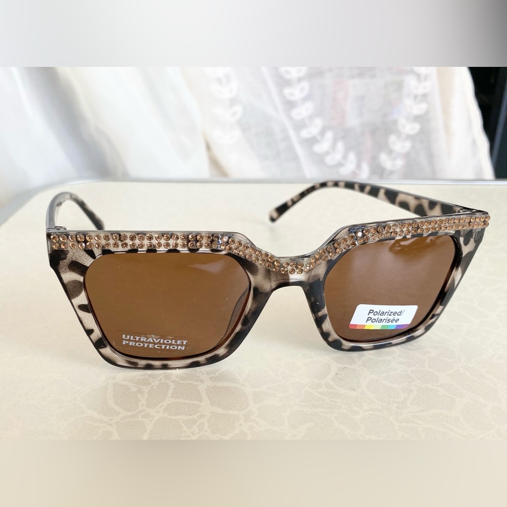 Women's Leopard-Print Crystal Rhinestone Sunglasses - Polarized UV Protection